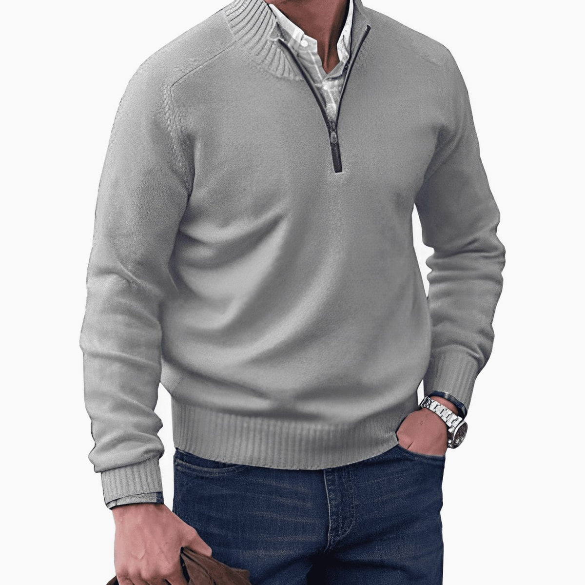 Jesse | Gebreide herenpullover met korte rits en geribde boorden