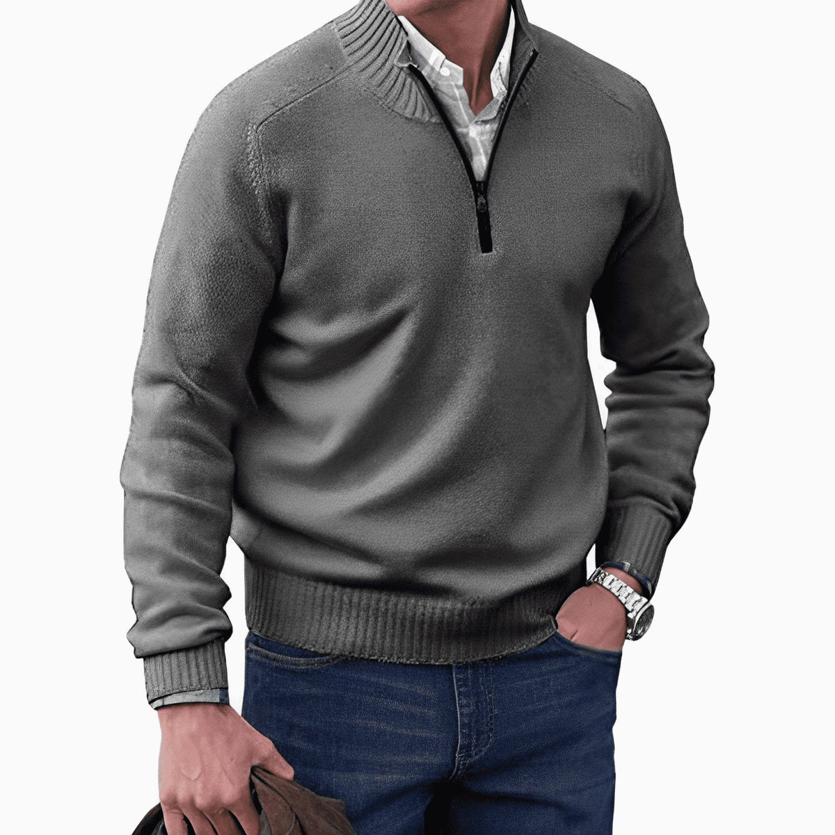 Jesse | Gebreide herenpullover met korte rits en geribde boorden