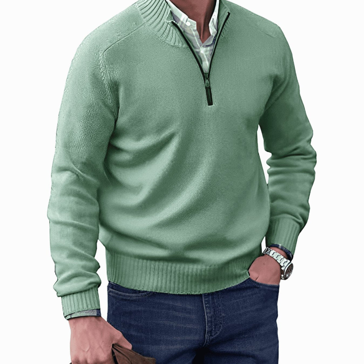 Jesse | Gebreide herenpullover met korte rits en geribde boorden