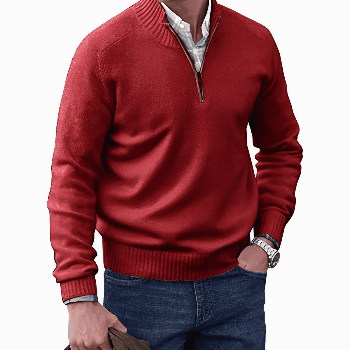 Jesse | Gebreide herenpullover met korte rits en geribde boorden