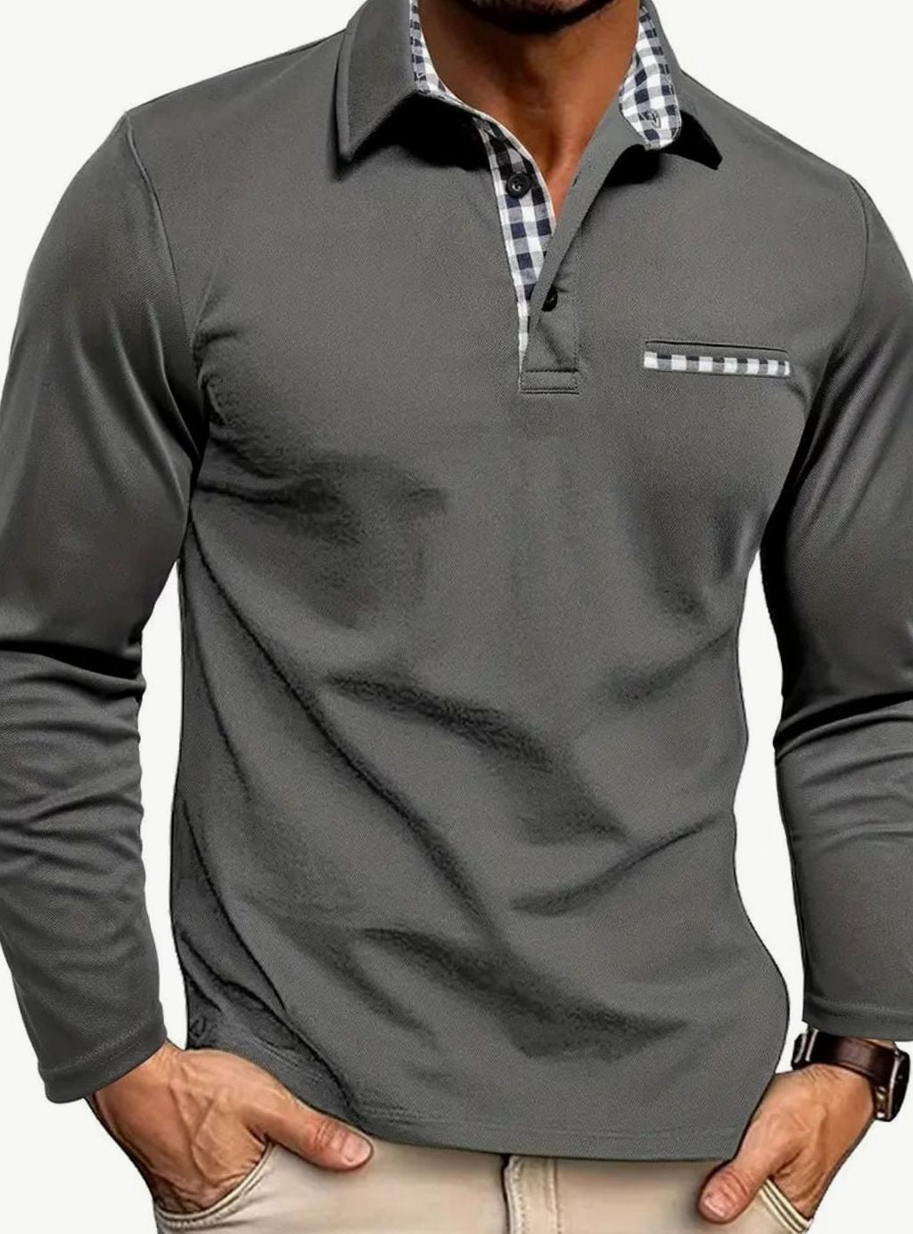 Andor | Herenpolo met lange mouwen en ginghamdetails