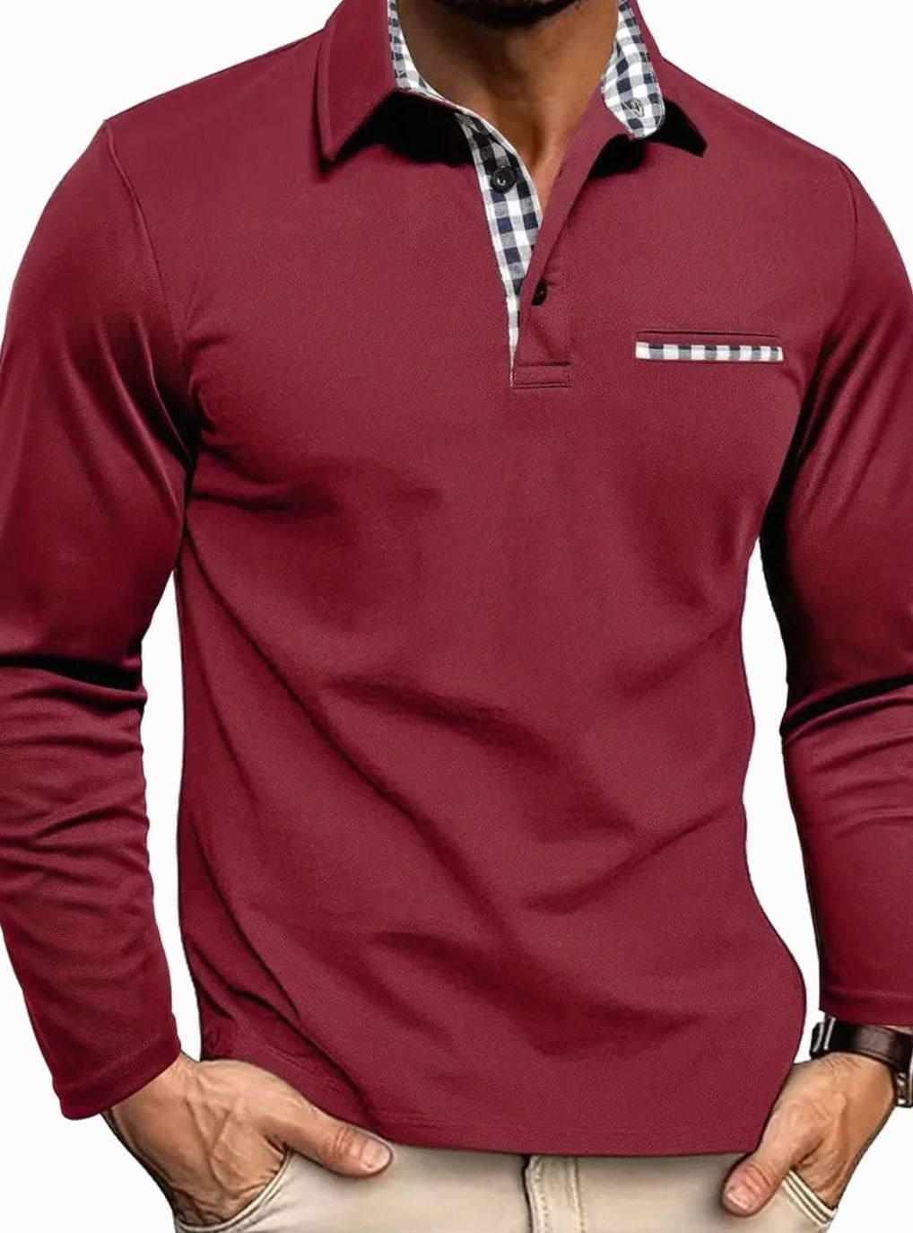 Andor | Herenpolo met lange mouwen en ginghamdetails