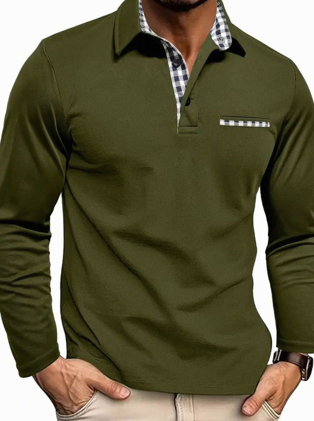 Andor | Herenpolo met lange mouwen en ginghamdetails
