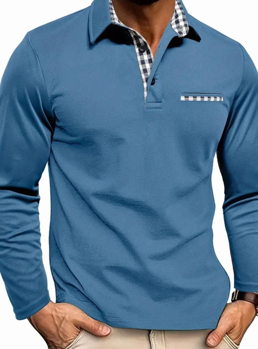 Andor | Herenpolo met lange mouwen en ginghamdetails