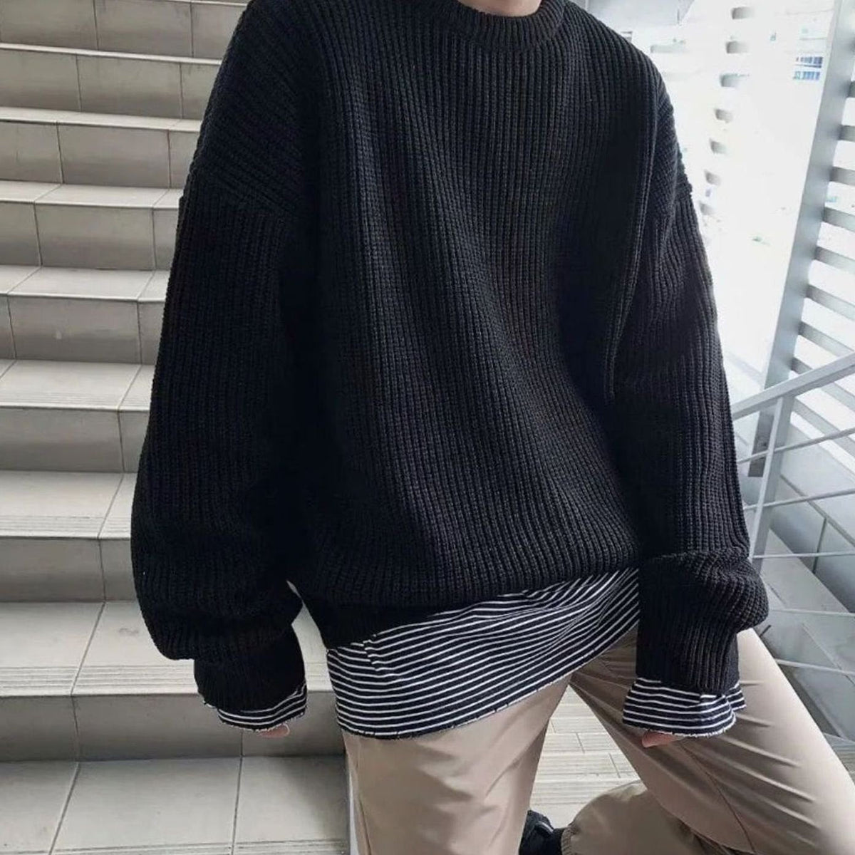 Amir | Oversized geribde herentrui met ronde hals