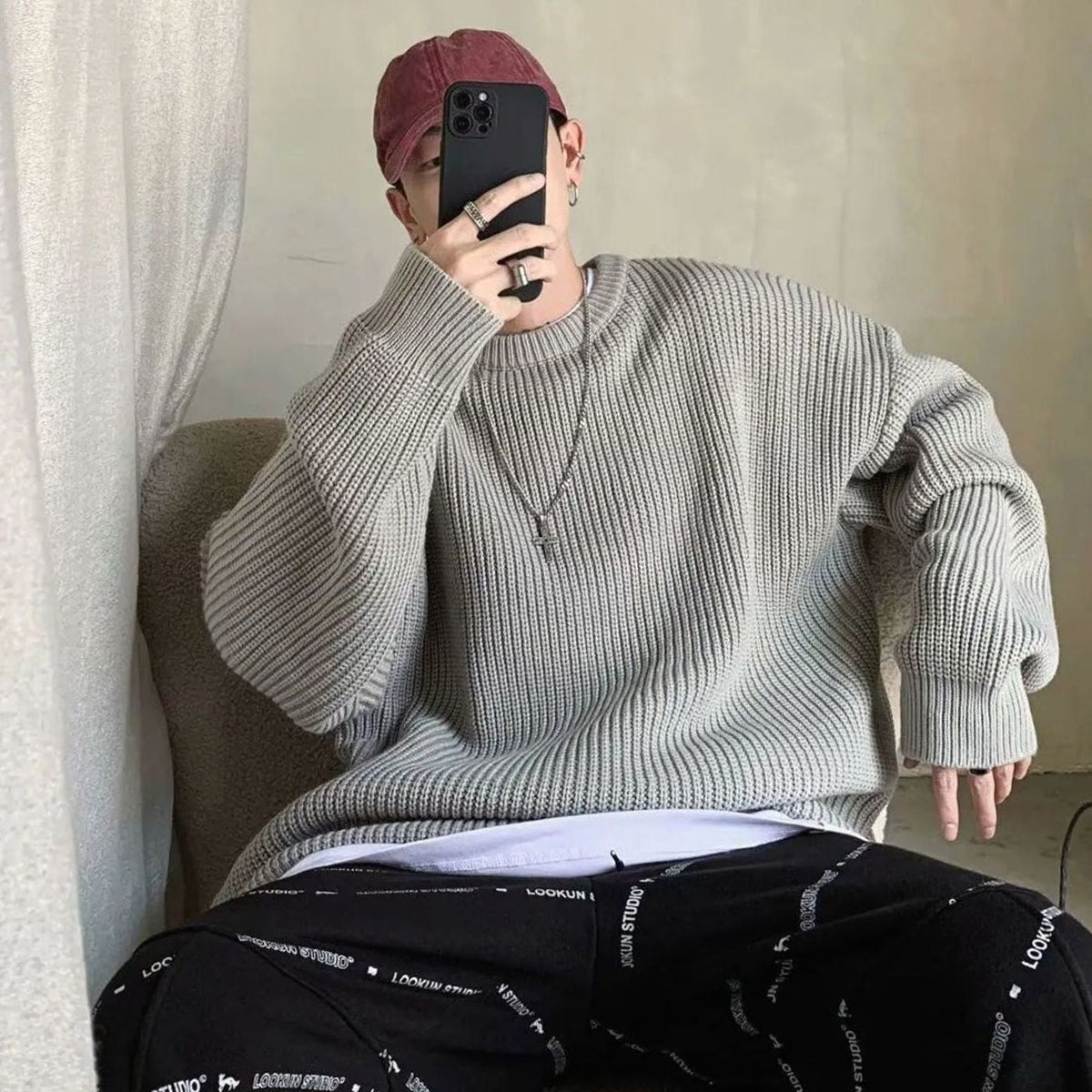 Amir | Oversized geribde herentrui met ronde hals