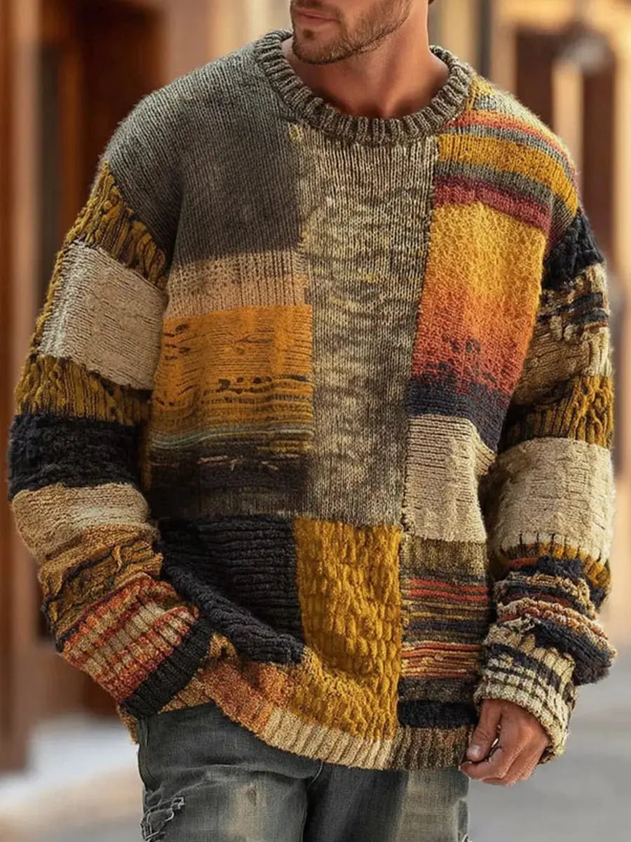 Onno | Grofgebreide herentrui met patchwork-kleurvlakken