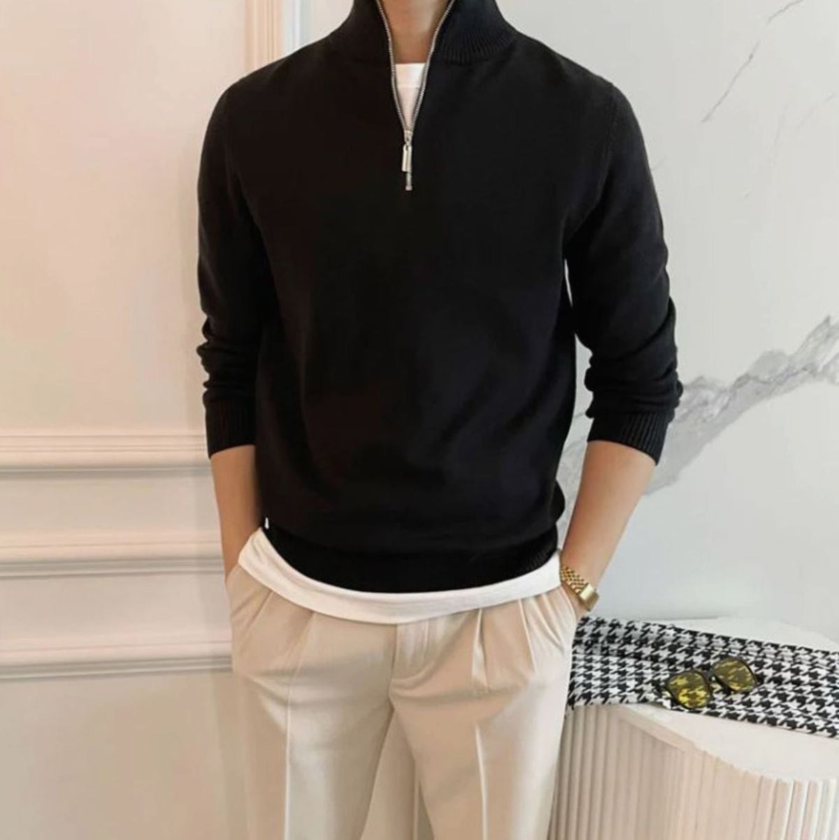 Troy | Slim-fit herentrui van katoenmix met korte rits