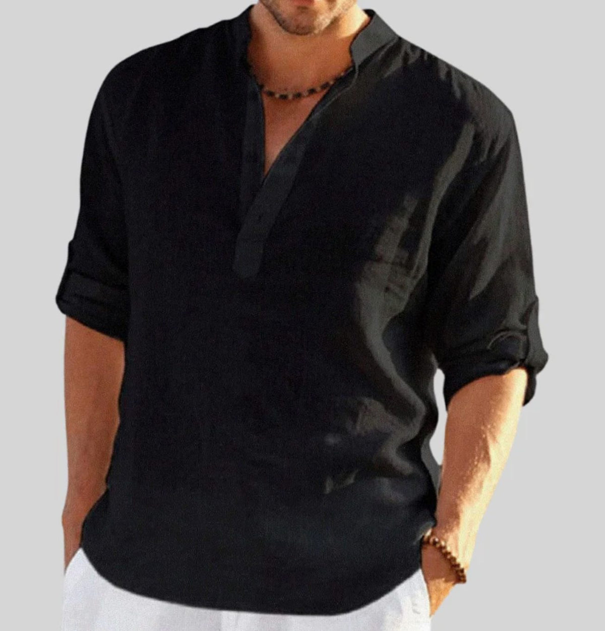Bryan | Linnen herenhenleyshirt met V-hals en oprolmouwen