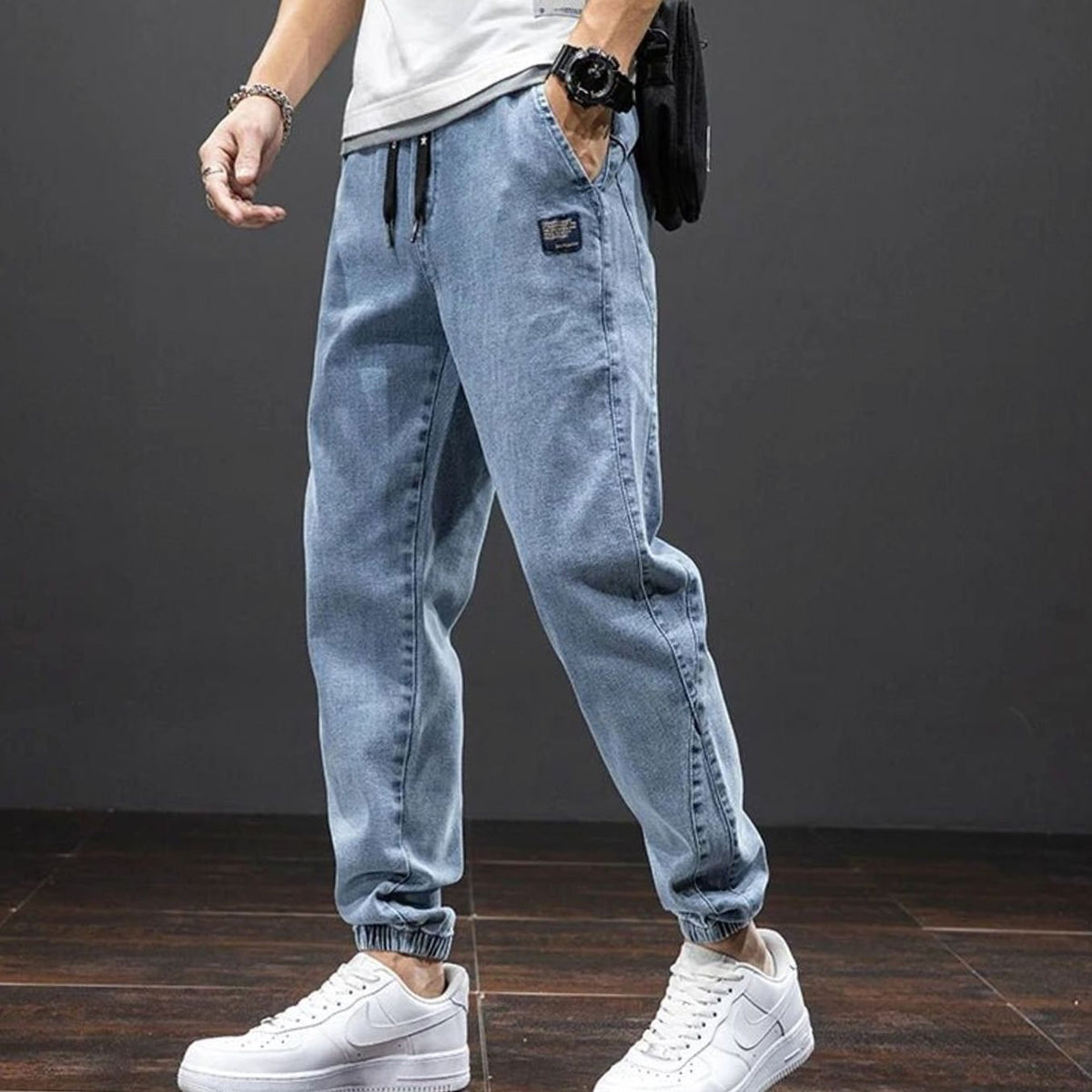 Yannick | Stretch denim herenjoggingbroek met elastische taille