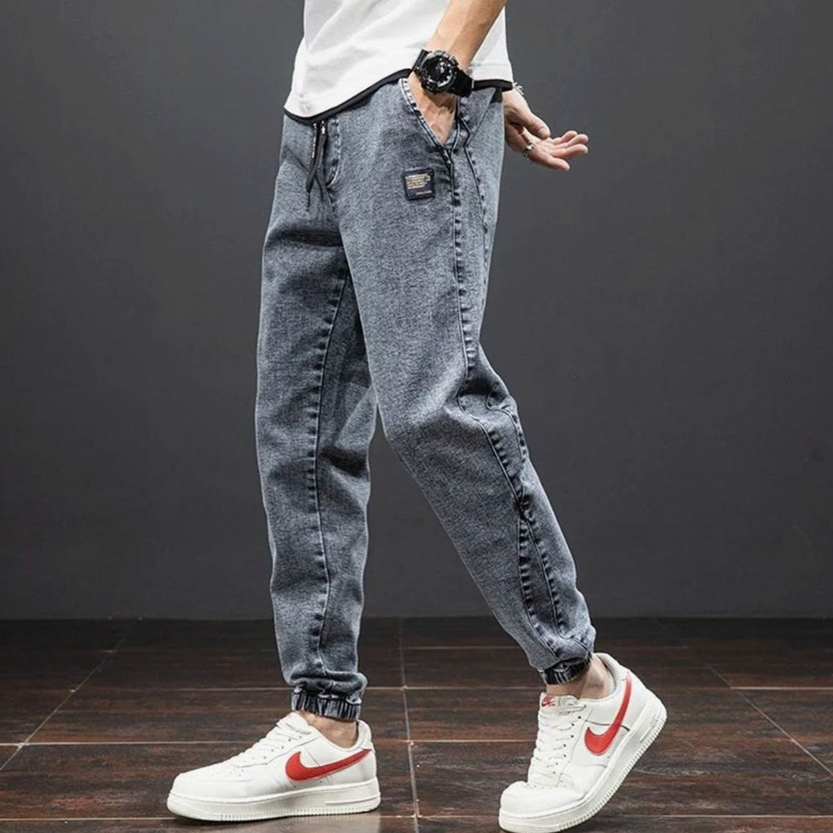 Yannick | Stretch denim herenjoggingbroek met elastische taille