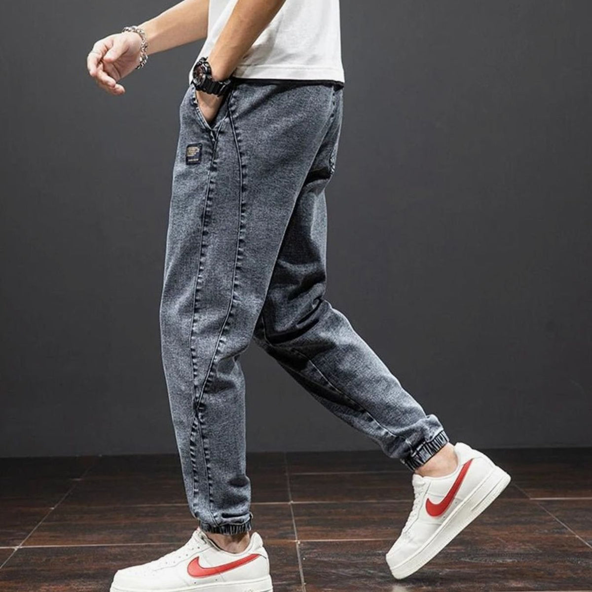 Yannick | Stretch denim herenjoggingbroek met elastische taille