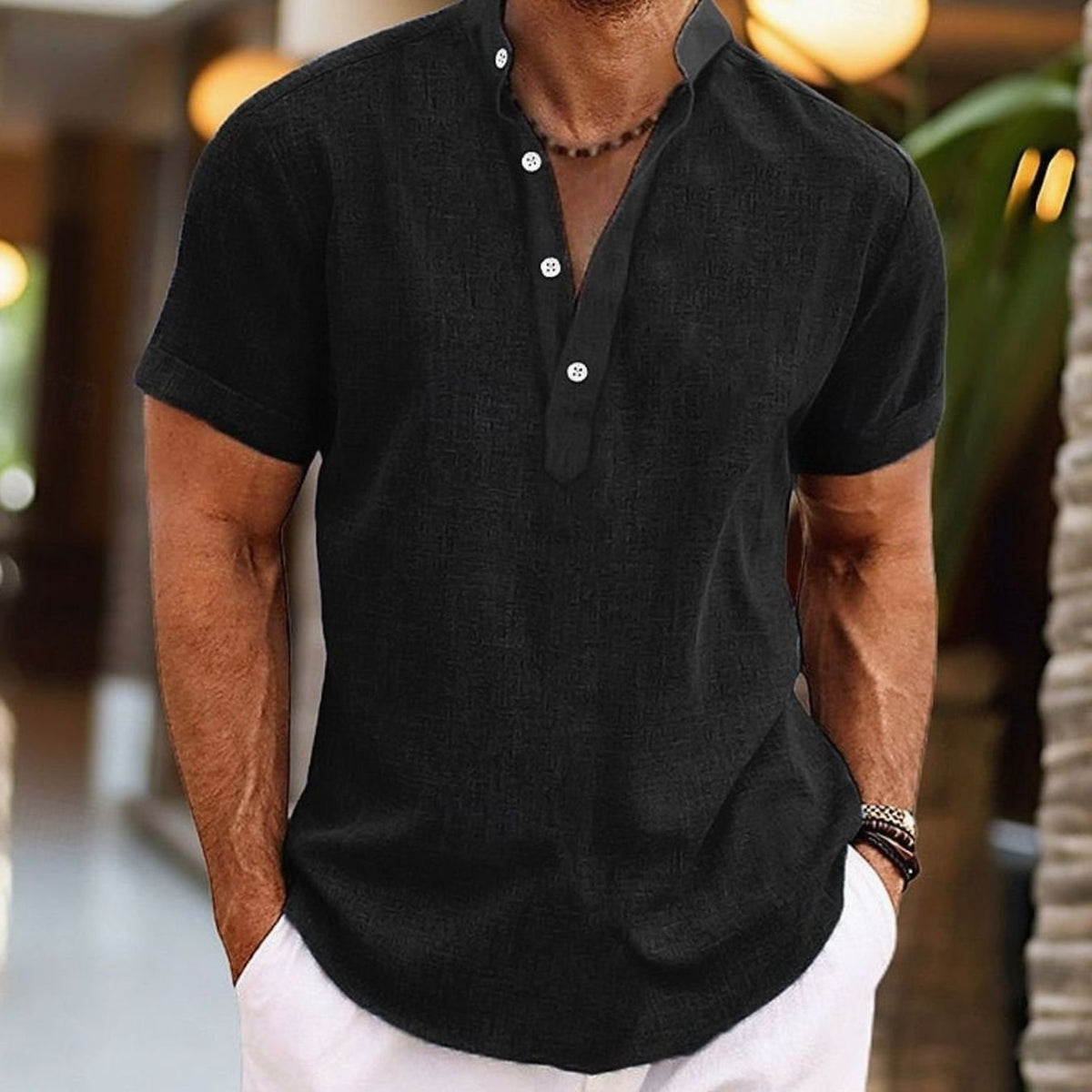 Kurt | Herenhenleyshirt met korte mouwen en linnenlook