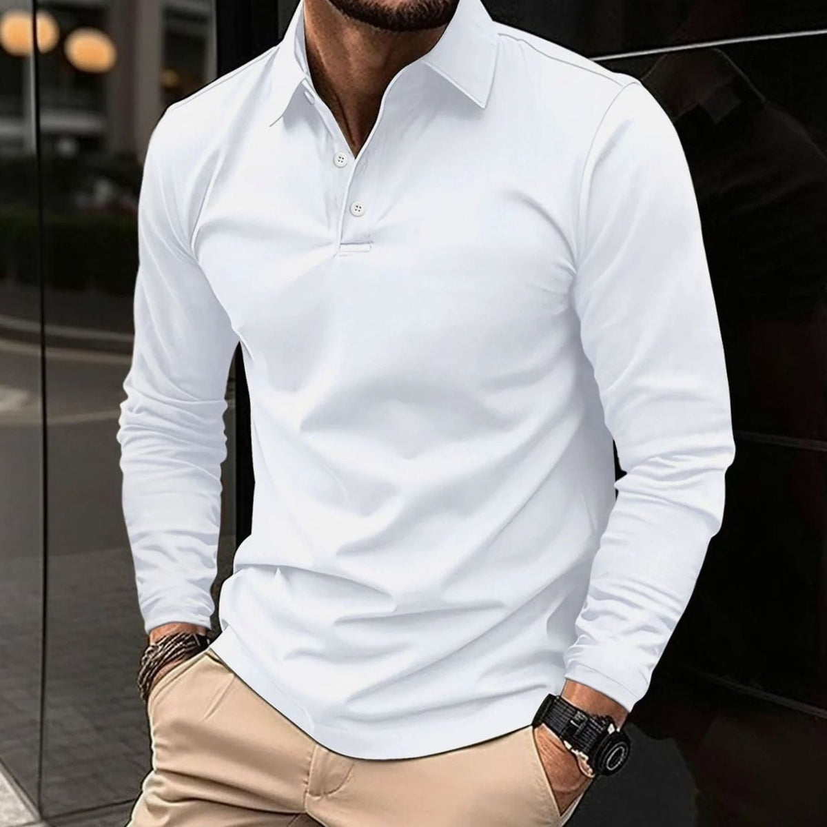 Matt | Slim-fit herenpolo met lange mouwen en twee knopen