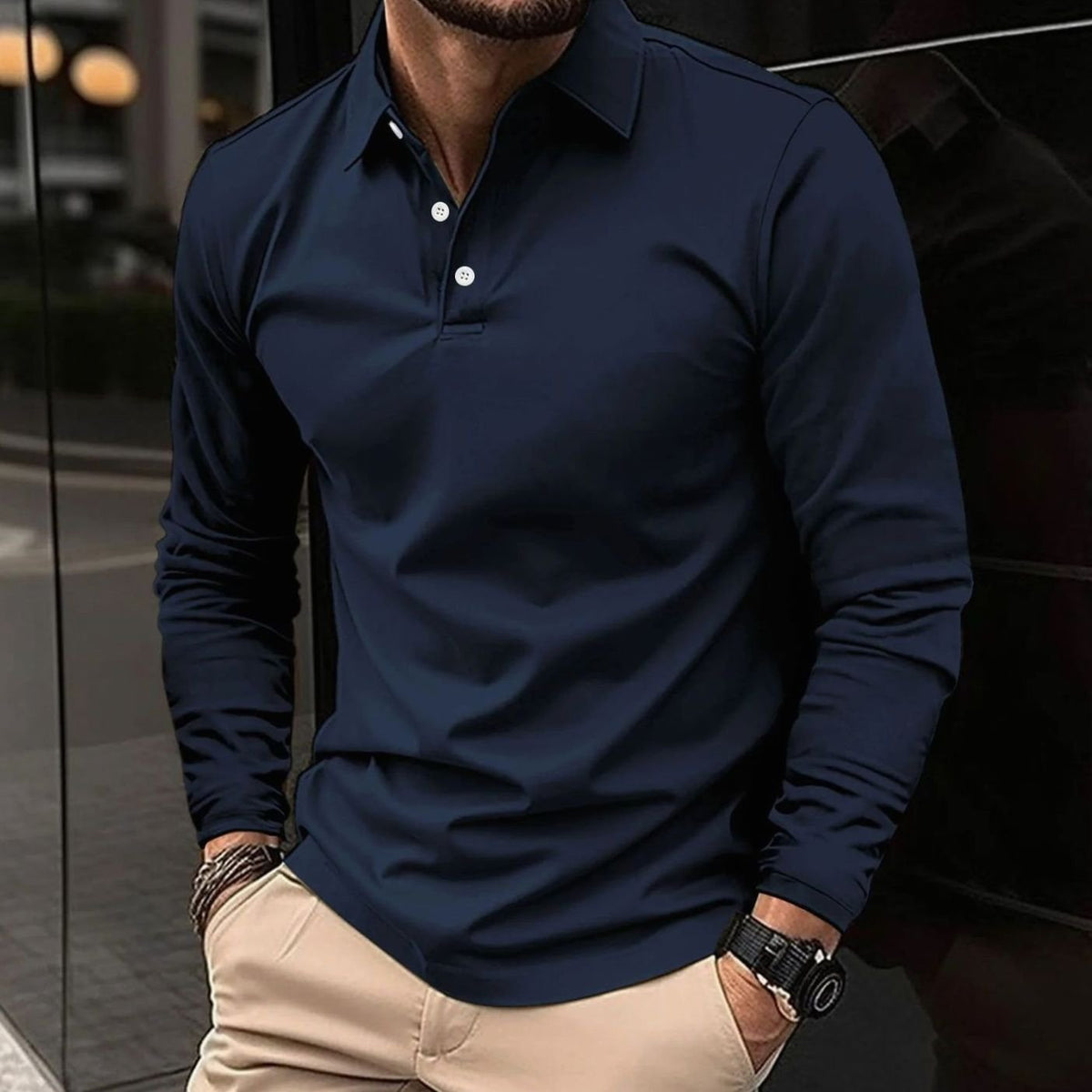 Matt | Slim-fit herenpolo met lange mouwen en twee knopen