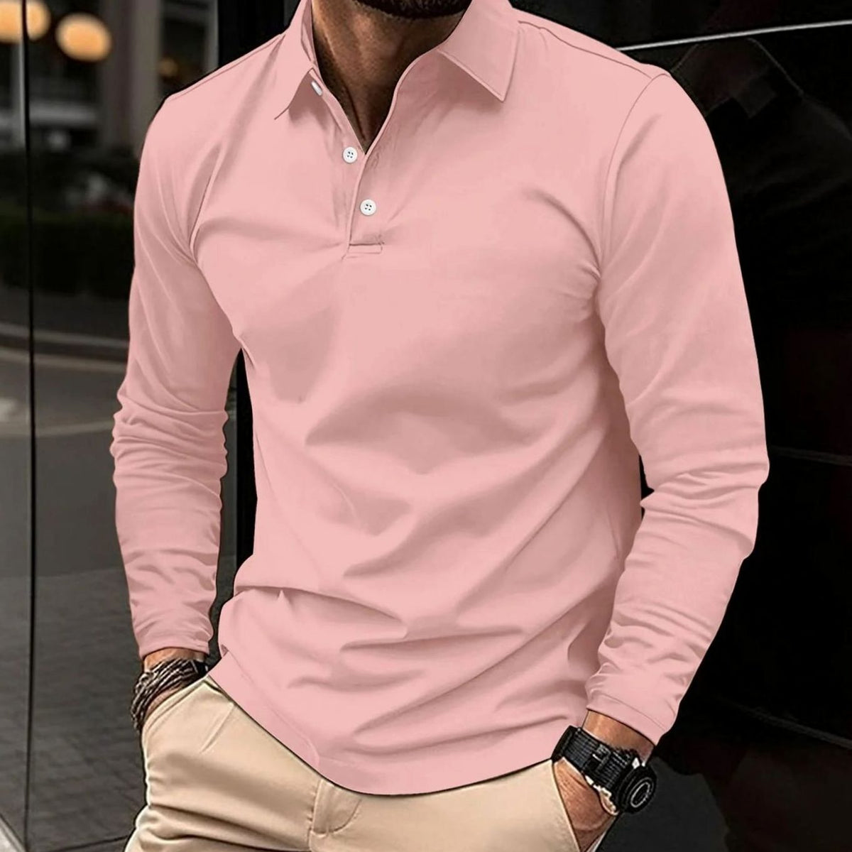 Matt | Slim-fit herenpolo met lange mouwen en twee knopen