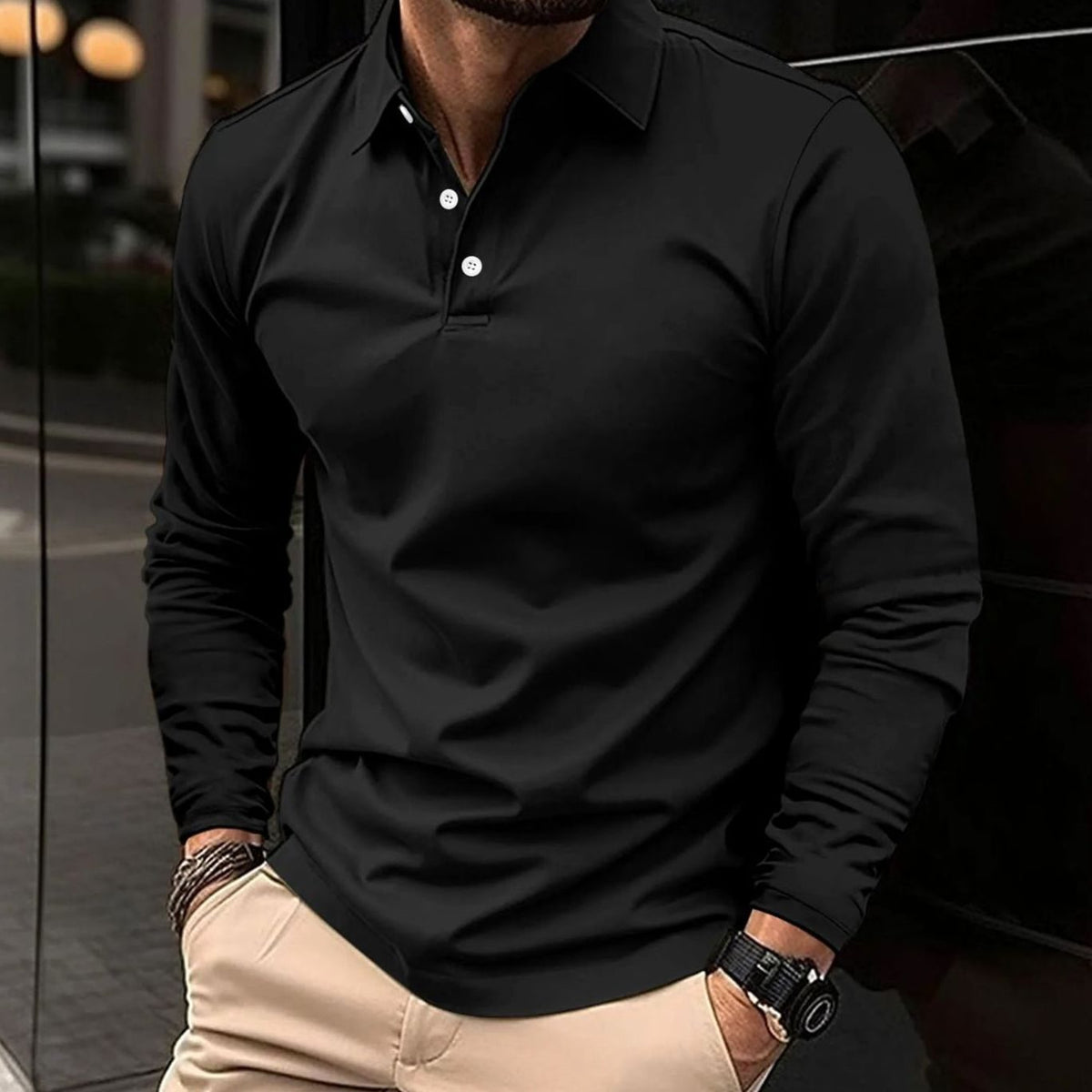 Matt | Slim-fit herenpolo met lange mouwen en twee knopen