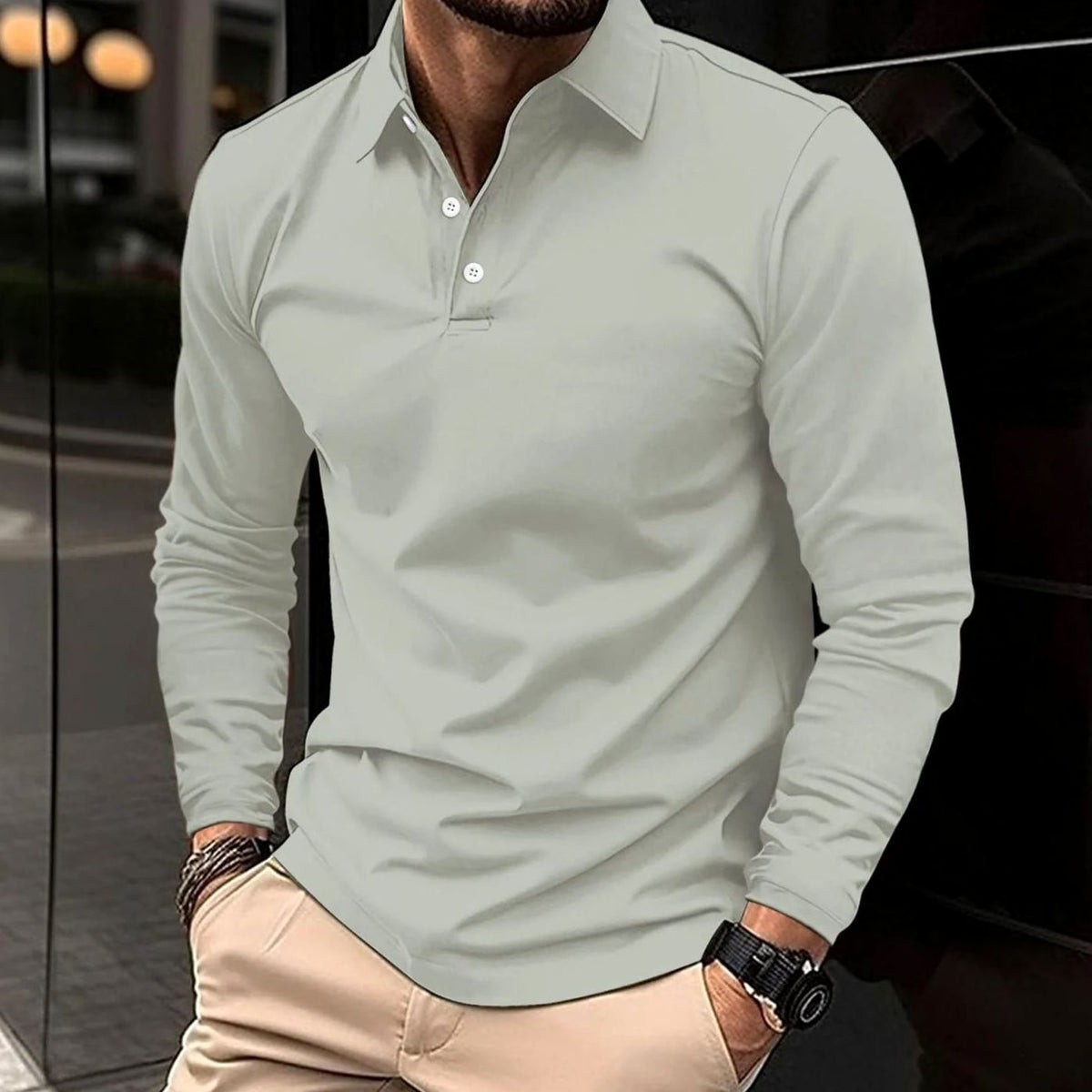 Matt | Slim-fit herenpolo met lange mouwen en twee knopen