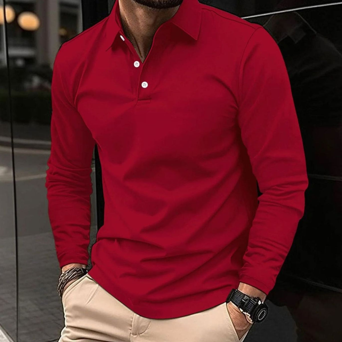 Matt | Slim-fit herenpolo met lange mouwen en twee knopen