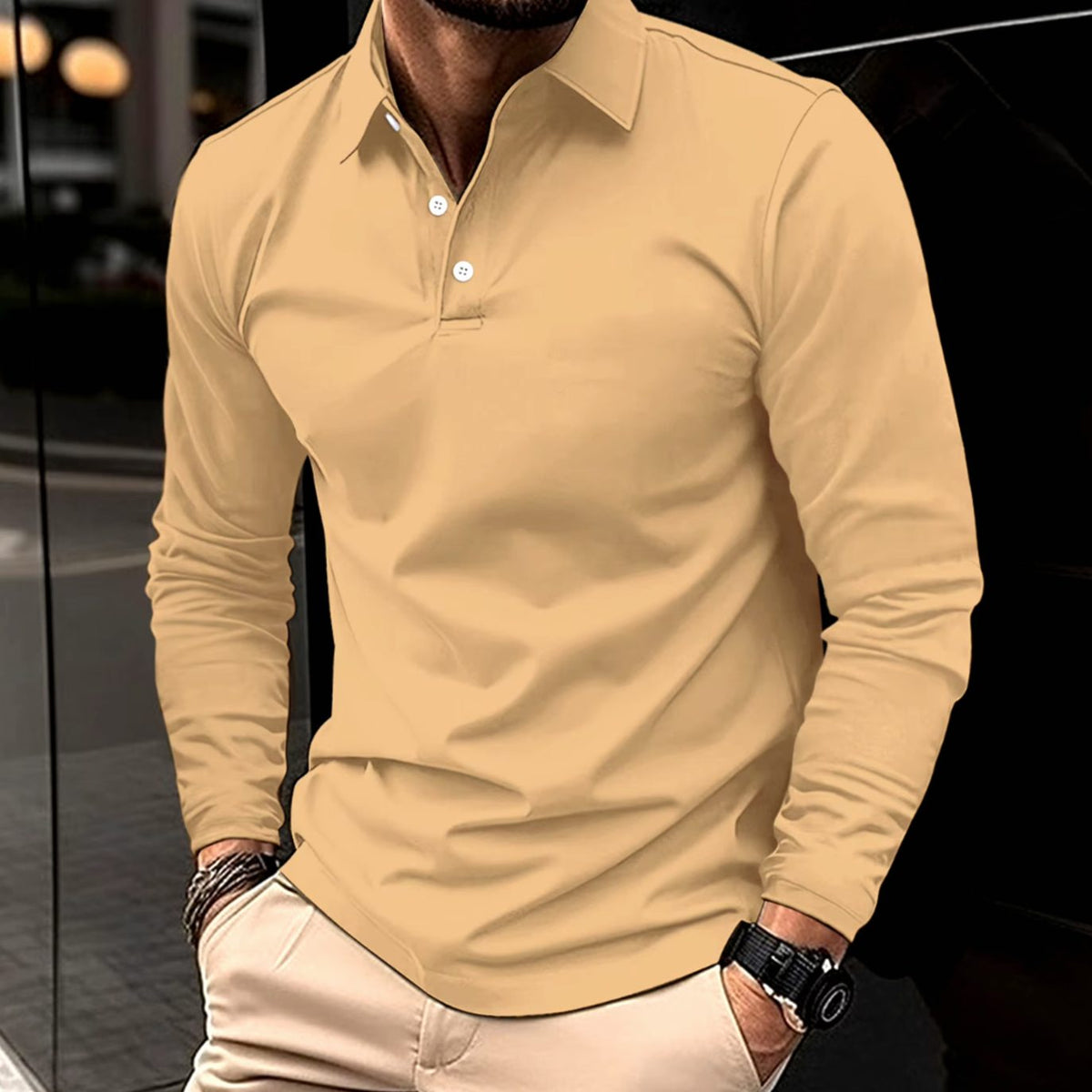 Matt | Slim-fit herenpolo met lange mouwen en twee knopen