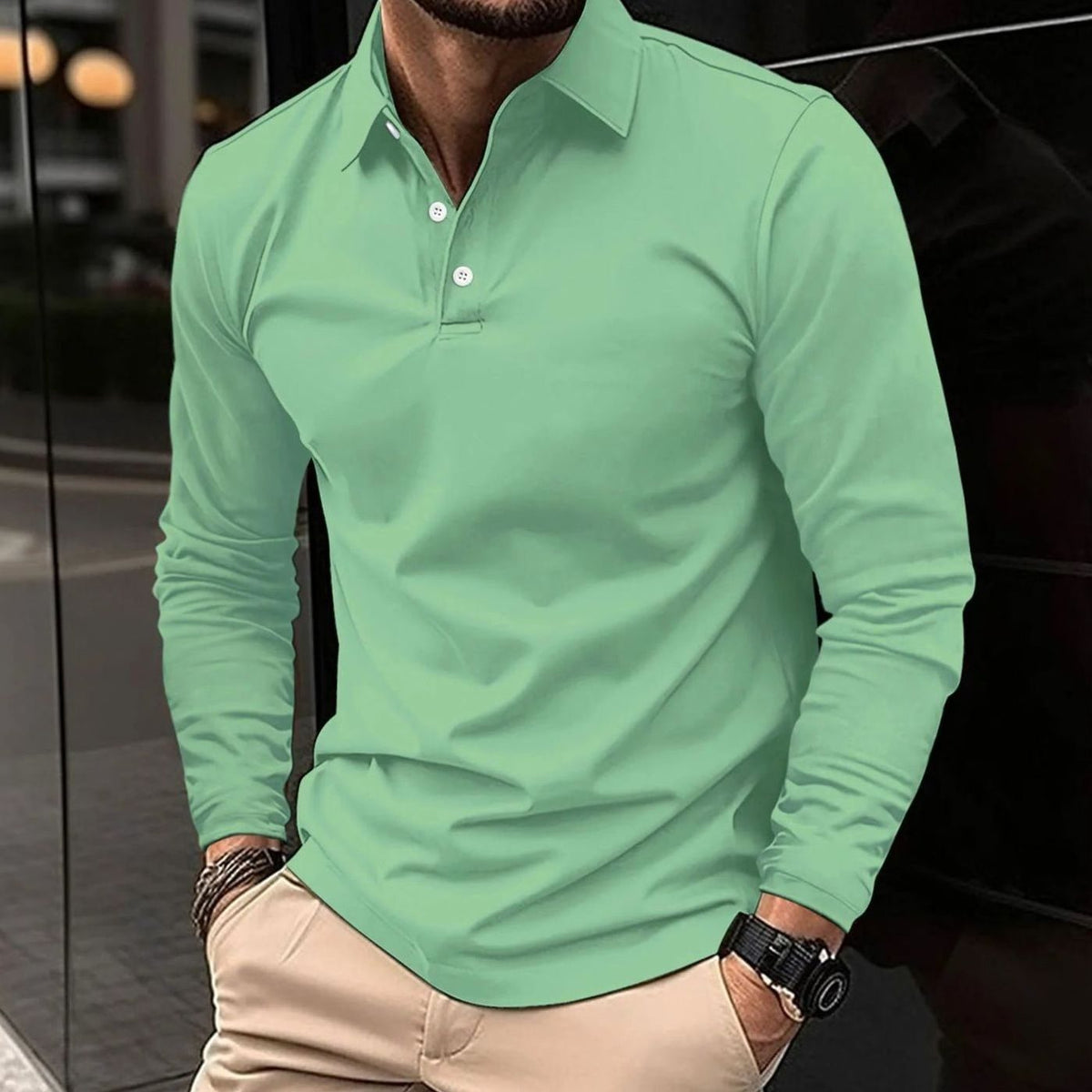 Matt | Slim-fit herenpolo met lange mouwen en twee knopen
