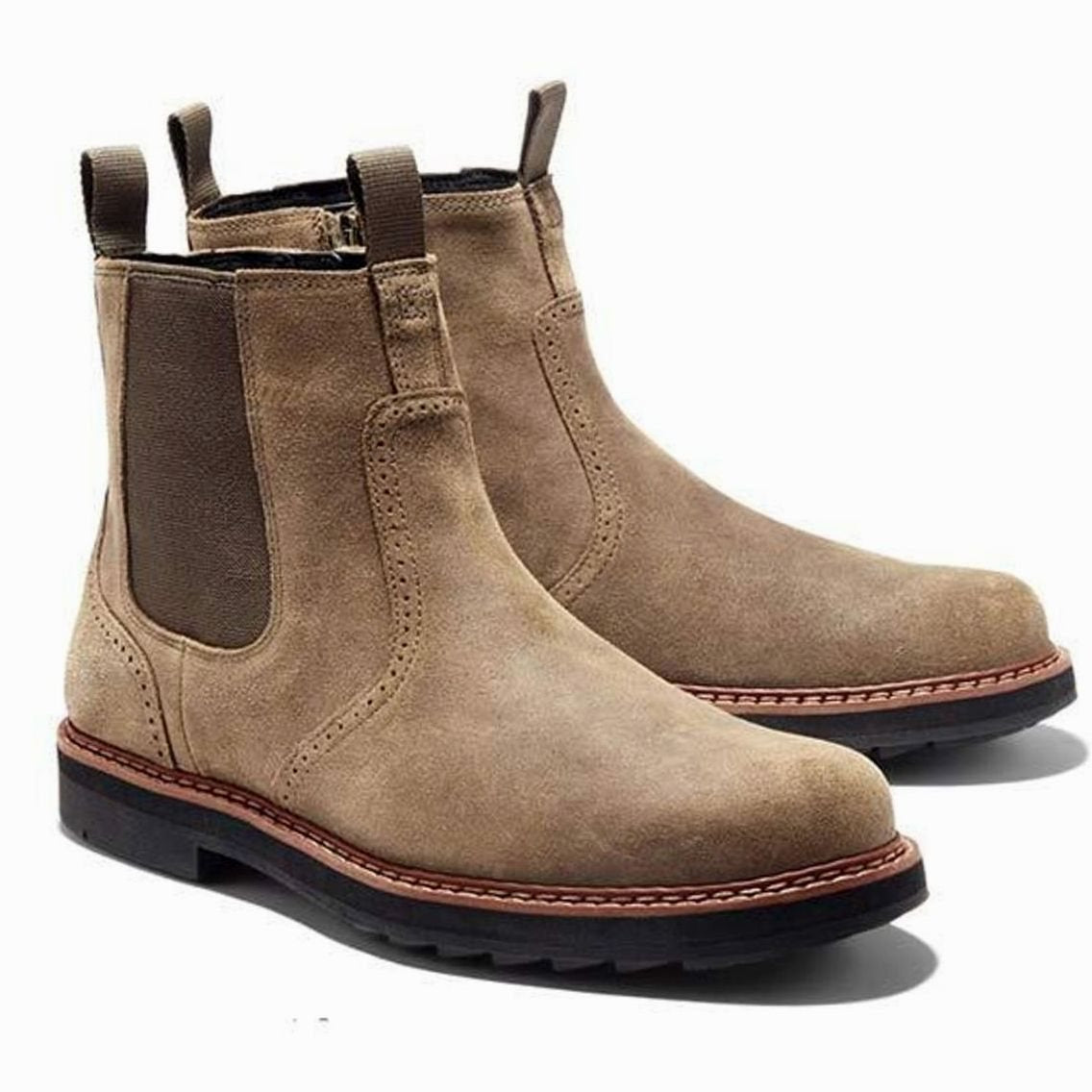 Suède herenchelseaboots met zijrits en broguedetails