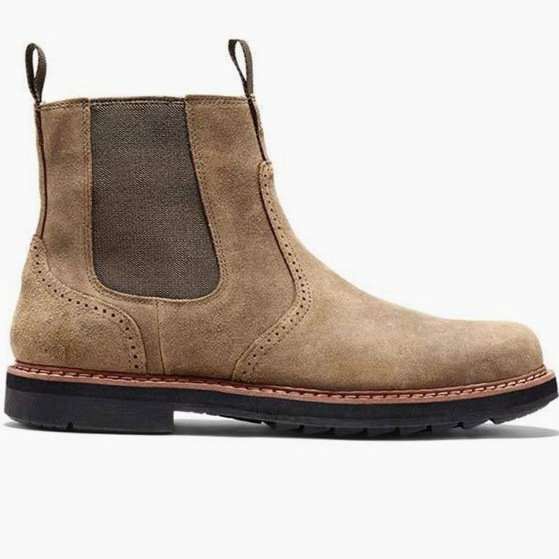 Suède herenchelseaboots met zijrits en broguedetails