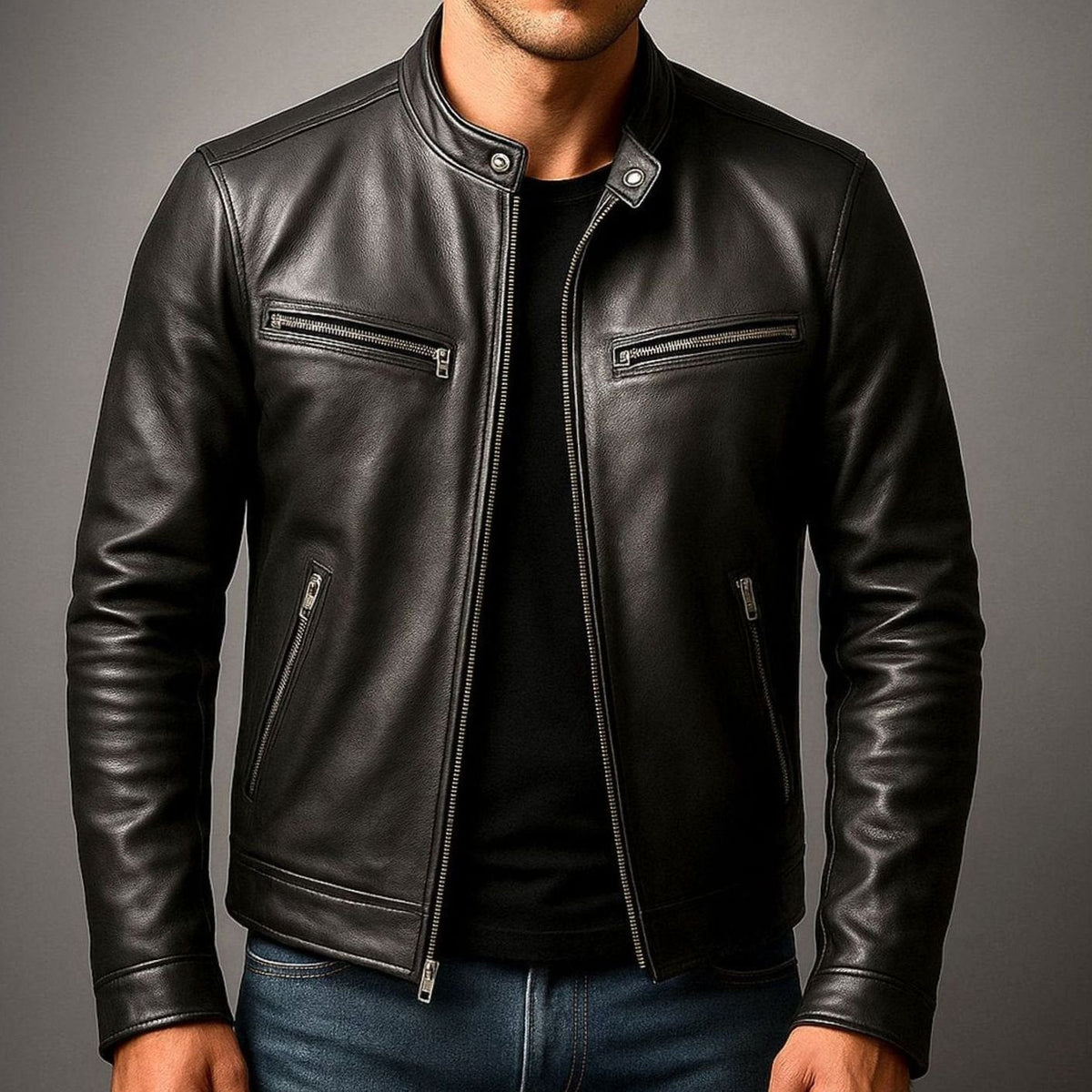 Pieter | Leren herenbikerjack met opstaande kraag