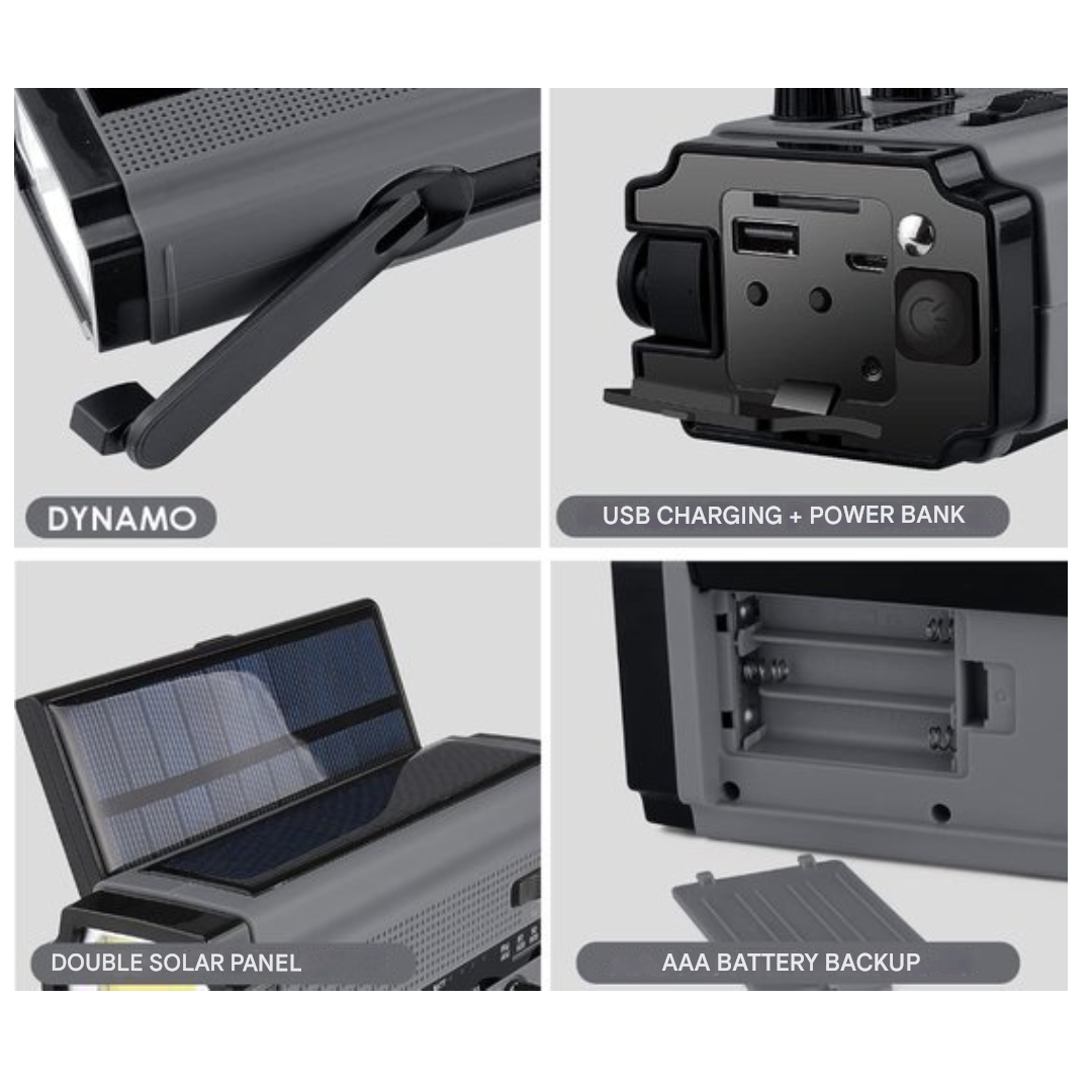 3-in-1 noodradio met dynamo, zonnepanelen & powerbank