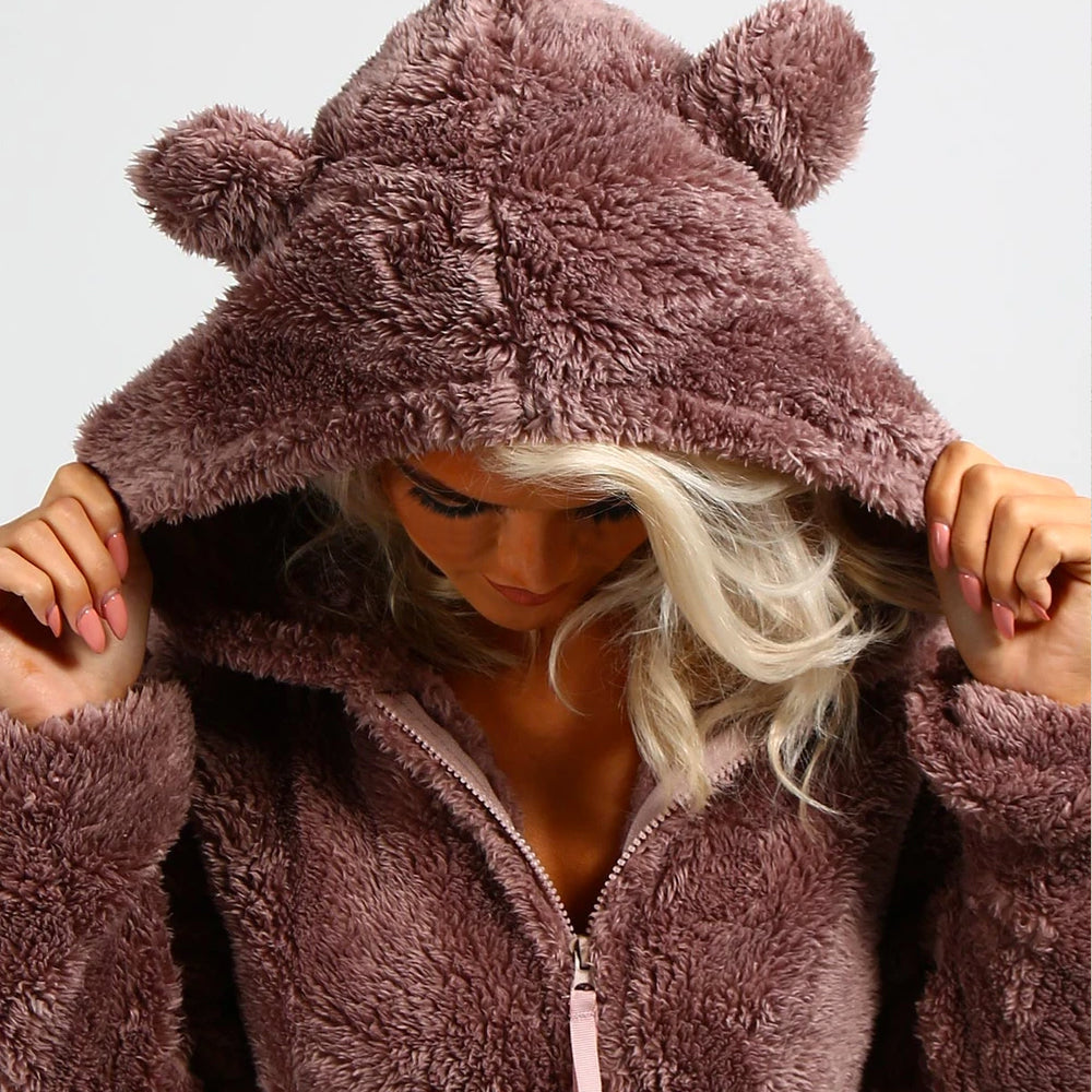Superzachte fleece onesie met berenoortjes