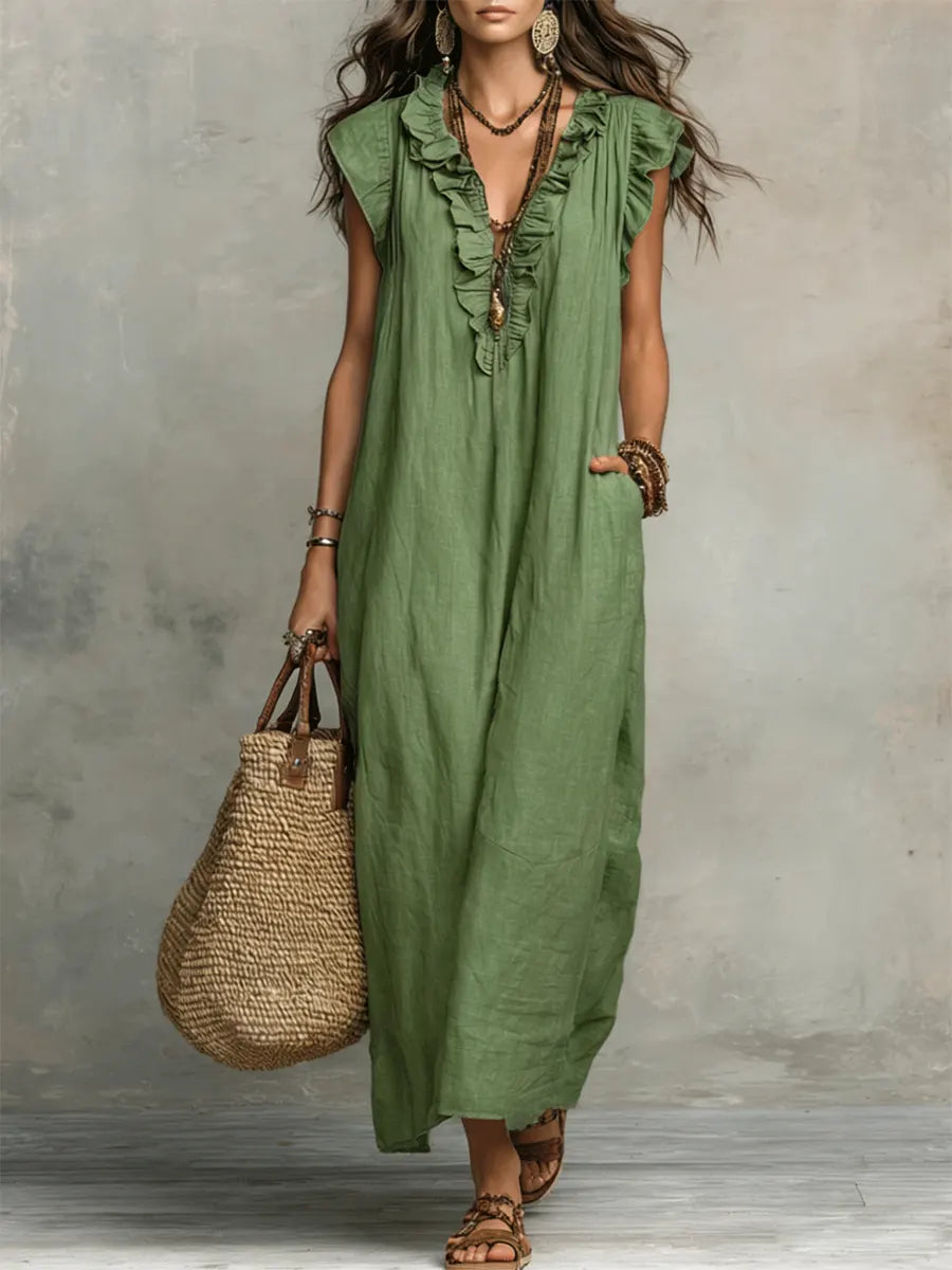 Merel | Lange bohemian jurk met volantdetails en functionele zakken