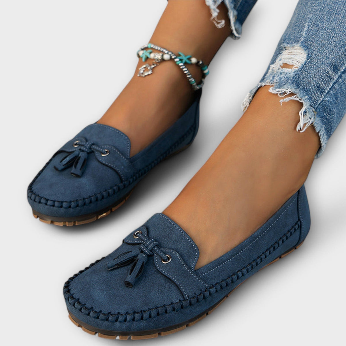 Suède damesloafers met kwastjes