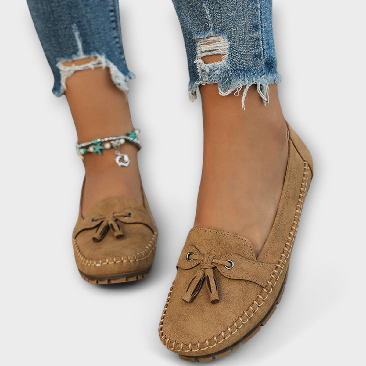 Suède damesloafers met kwastjes
