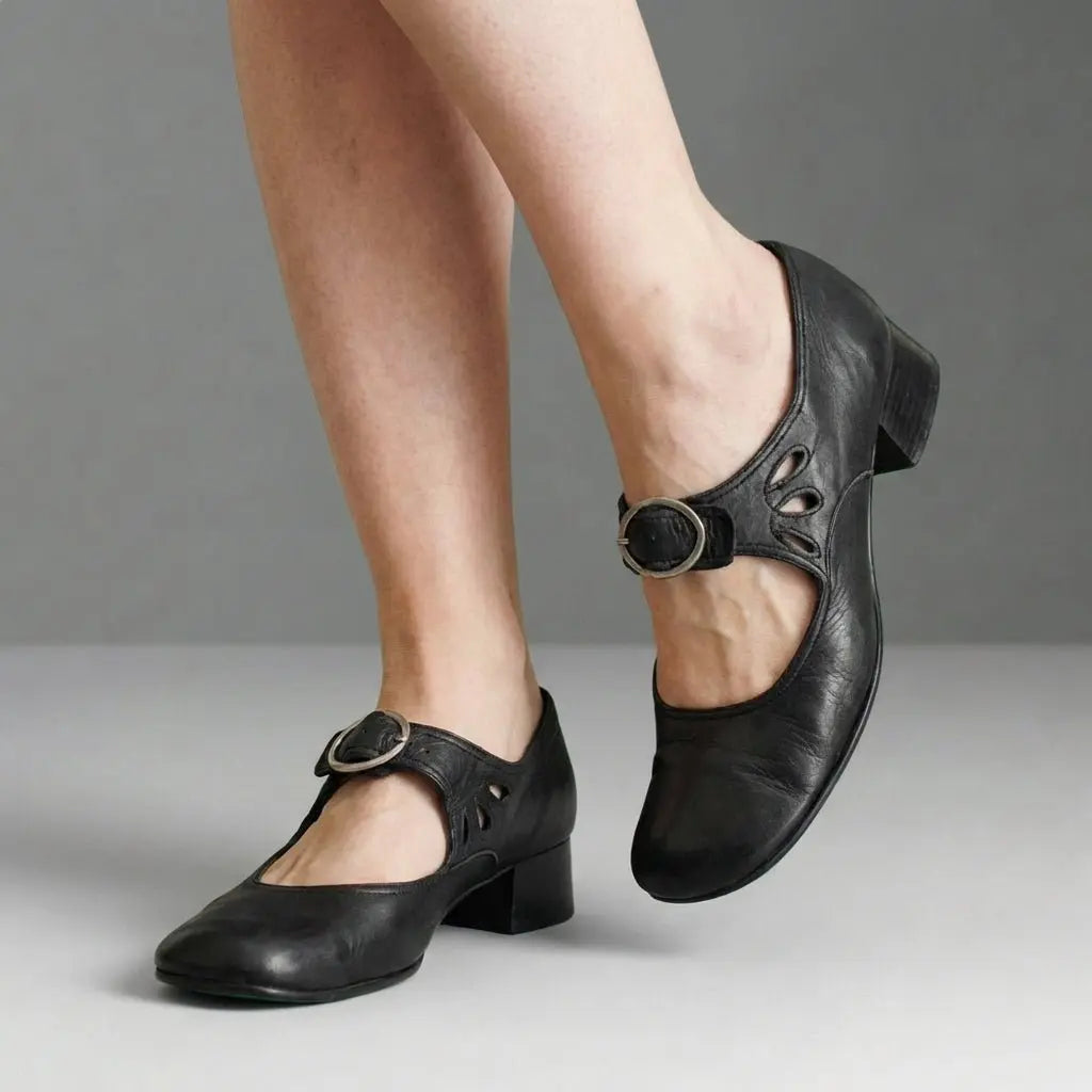 Leren dames-Mary Janes met ronde neus en blokhak