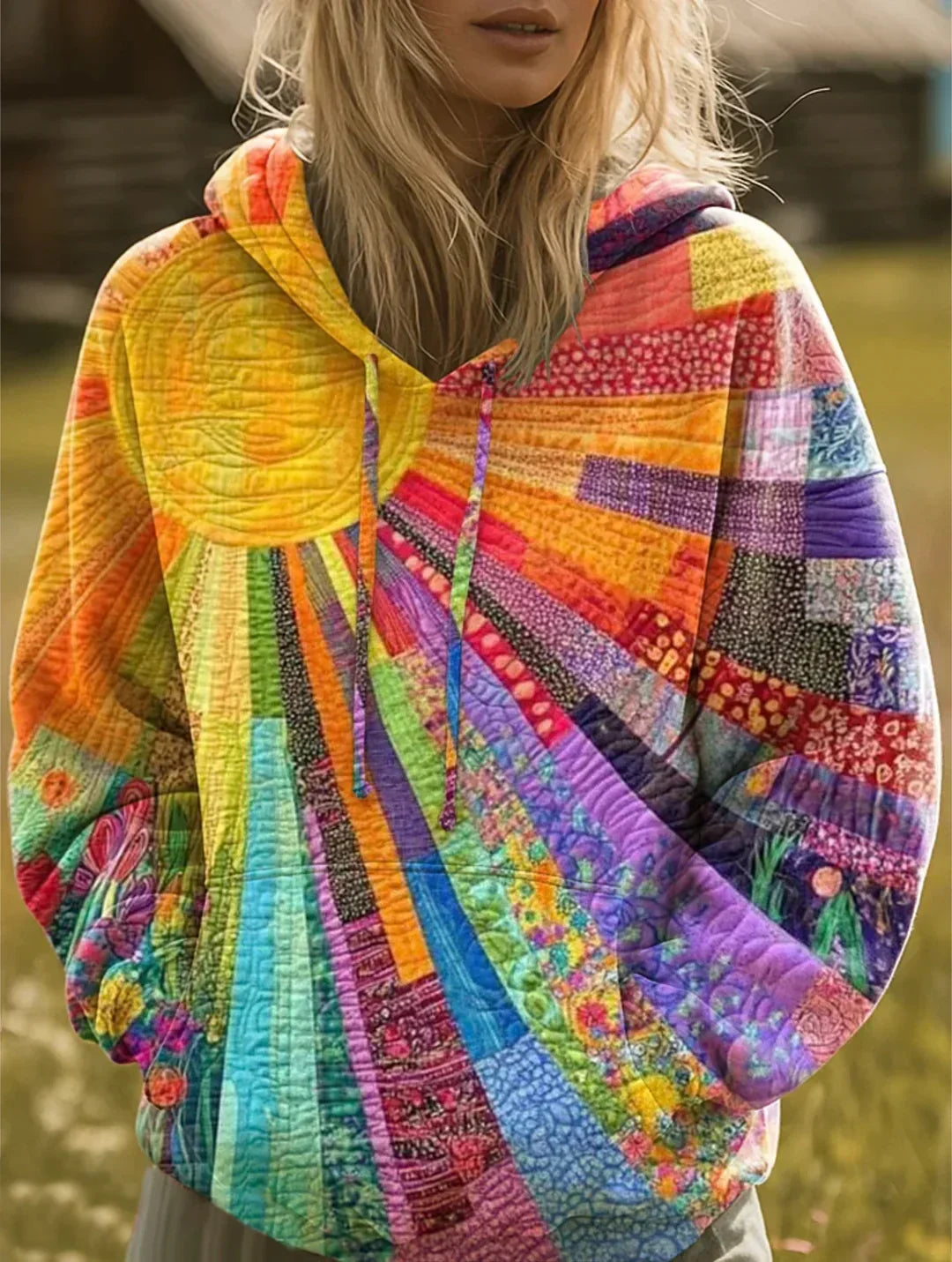 Hoodie met kleurrijk patchwork en zonpatroon