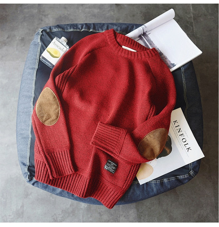 Herentrui met ronde hals en elleboogpatches
