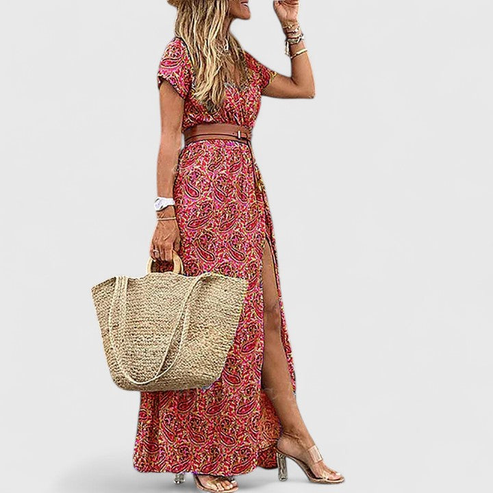 Ziva | Maxi-jurk met gerimpelde taille en bohoprint