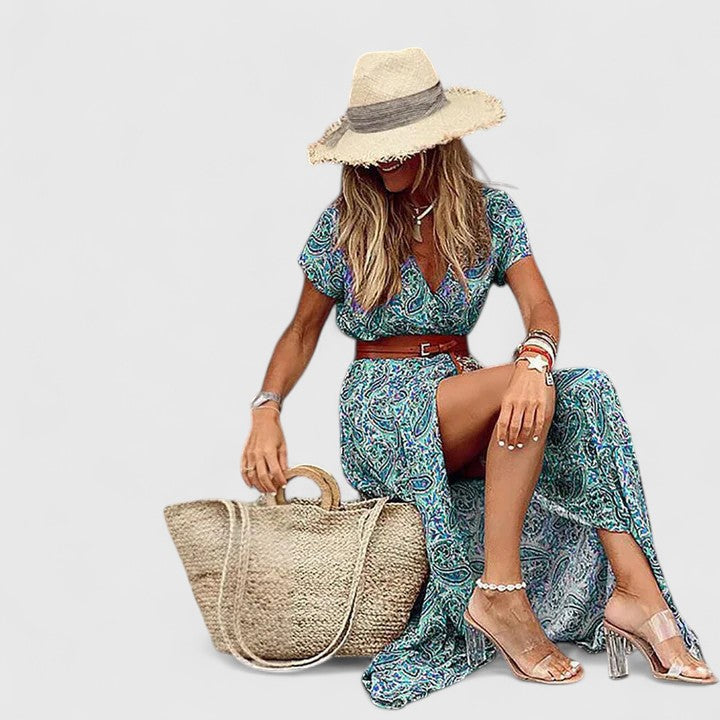 Maxijurk met print en gerimpelde taille