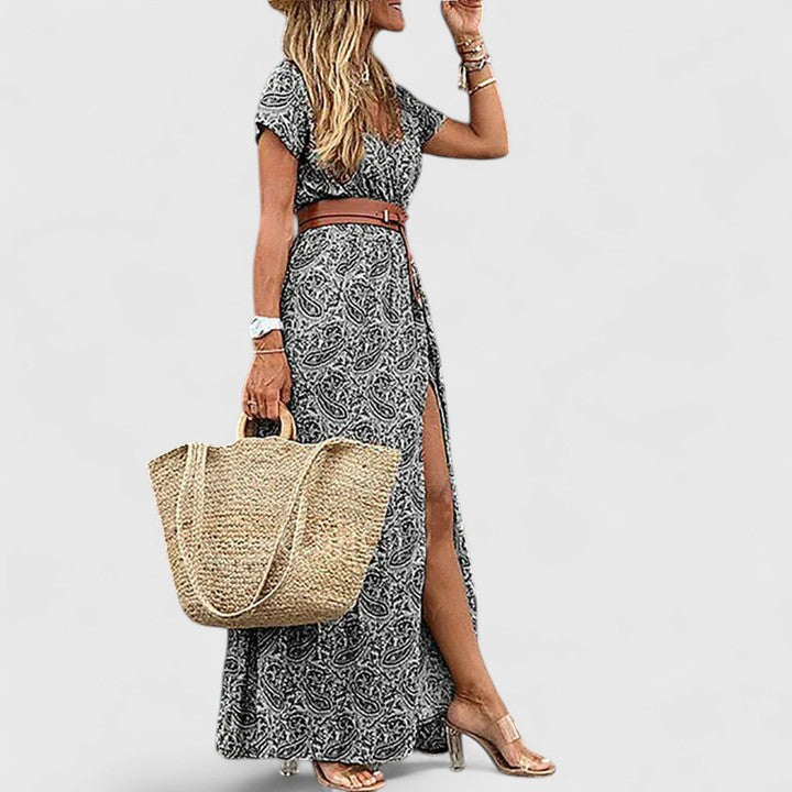 Ziva | Maxi-jurk met gerimpelde taille en bohoprint