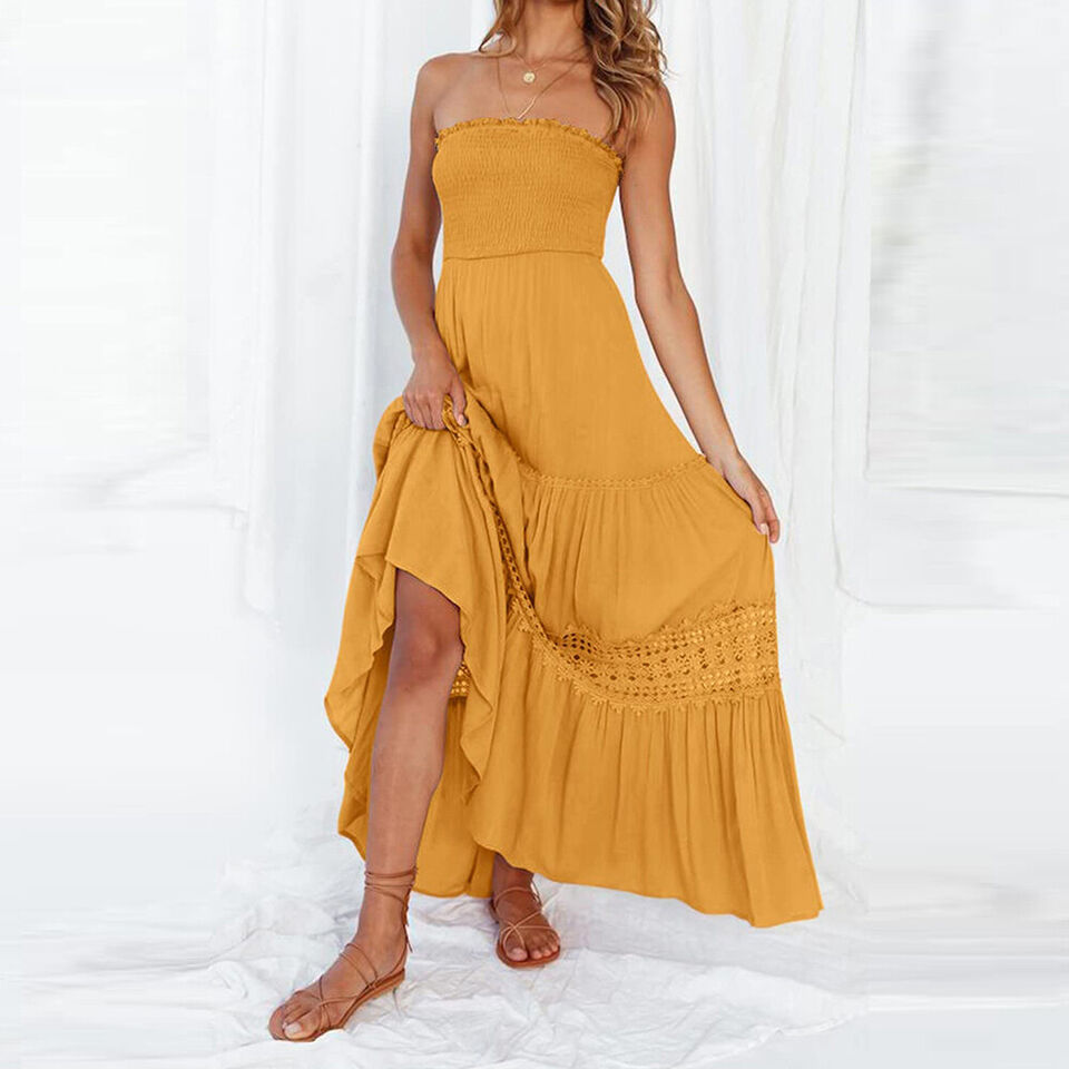 Off-Shoulder maxi-jurk met kanten details