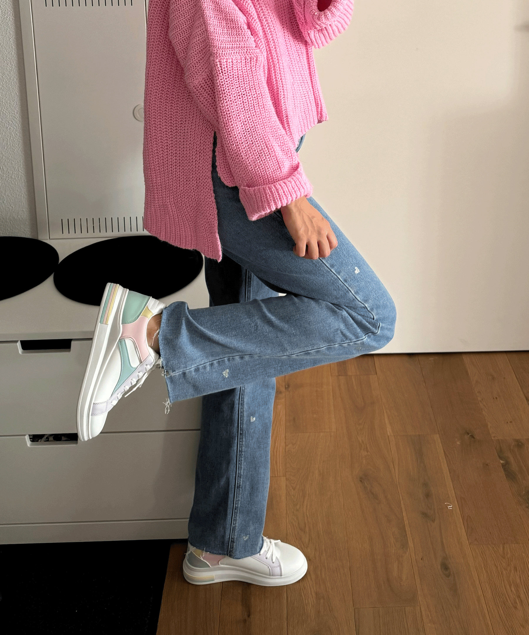 Dames stretch jeans met wijde pijpen en hartjesprint