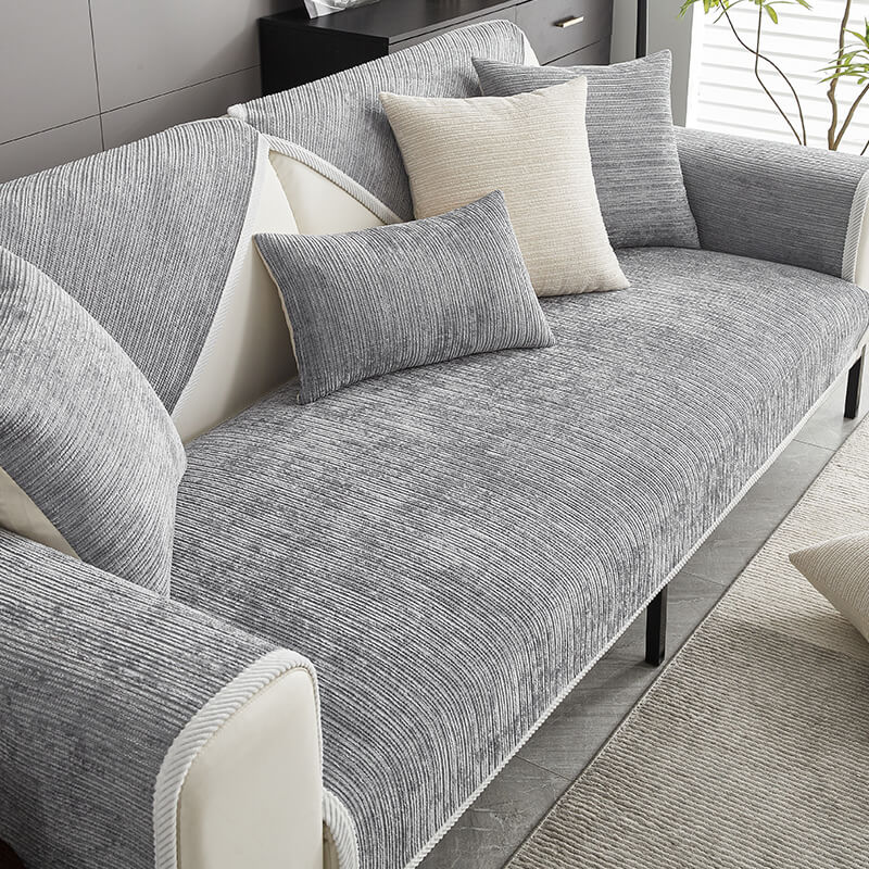 Chenille bankhoes met jacquardstrepen en antisliponderkant