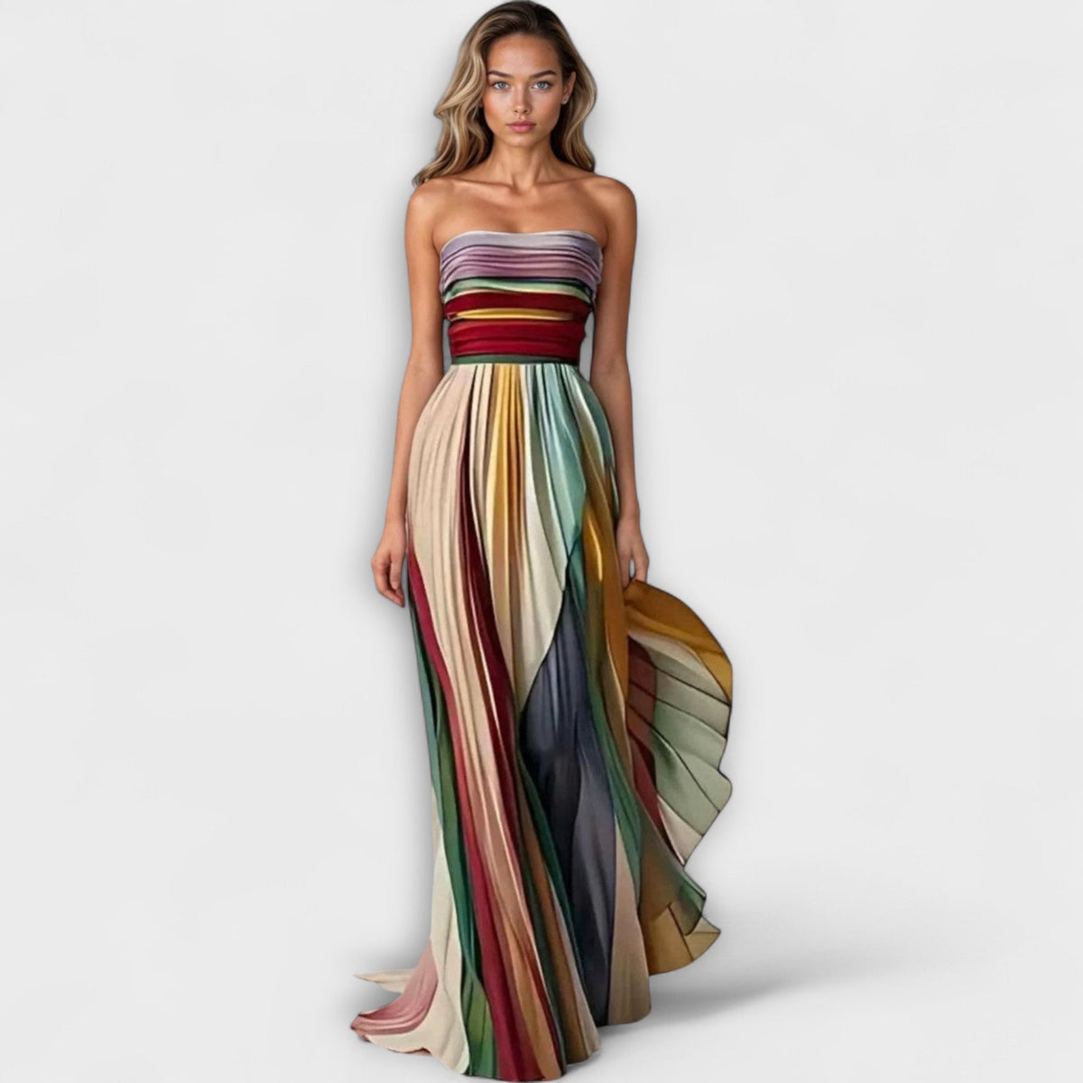 Aleksandra | Strapless jurk met regenboogkleuren en plooien