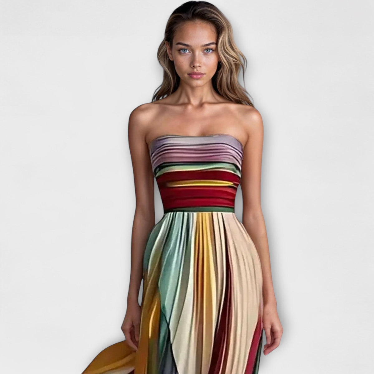 Oona | Strapless plisséjurk met regenboogkleuren