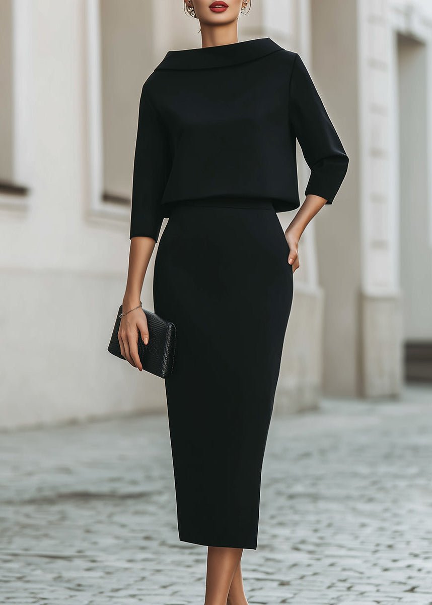Tweedelige crêpeset met boothals en midirok
