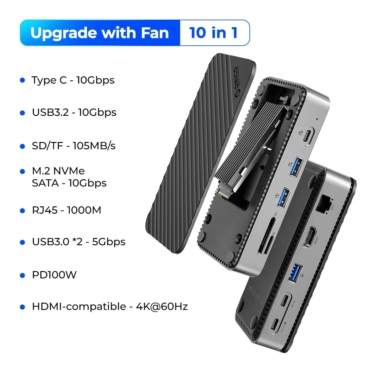 USB-C-Dockingstation met ssd-behuizing en koelventilator – 10-in-1 pro hub