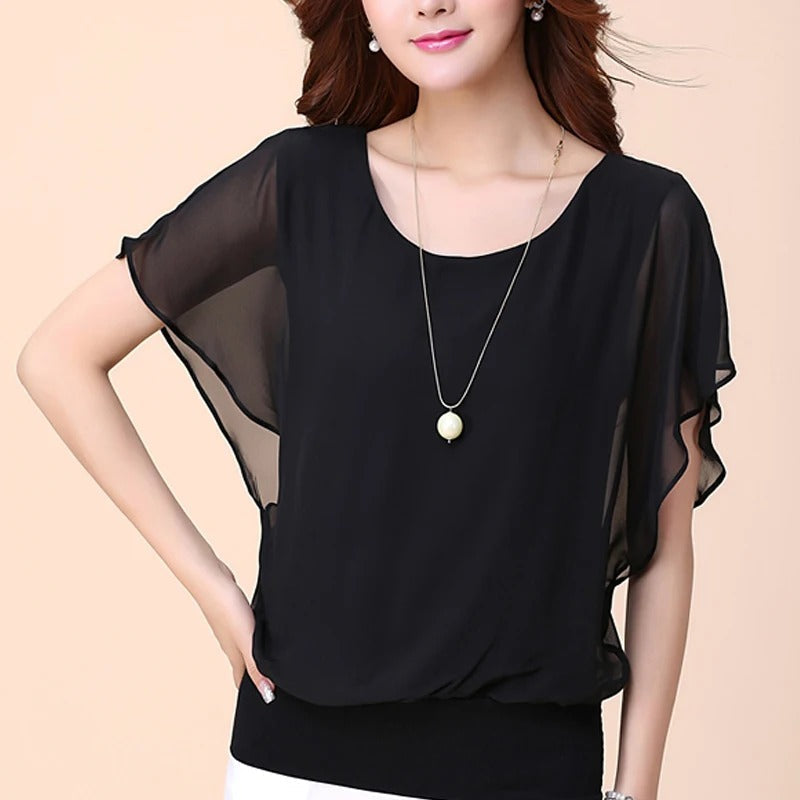 Dames chiffon blouse met ruche mouwen