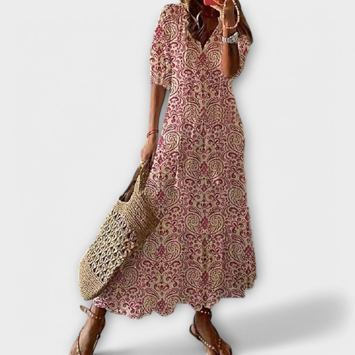 Jeannette | Boho-maxijurk met print en strikceintuur