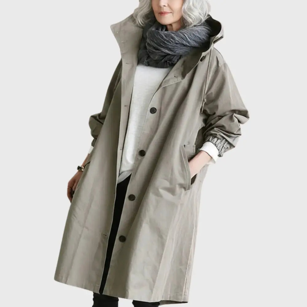 Gwendolyn | Lange damestrenchcoat met capuchon en ceintuur