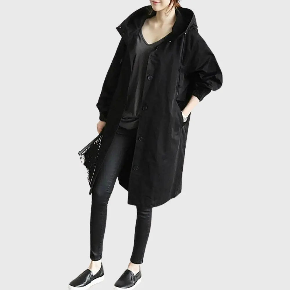 Gwendolyn | Lange damestrenchcoat met capuchon en ceintuur